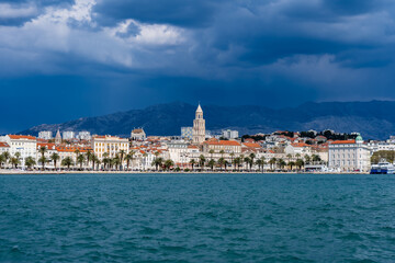 Fototapeta na wymiar Coast of Split Croatia with Diocletian's Palace and approaching thunderstorm