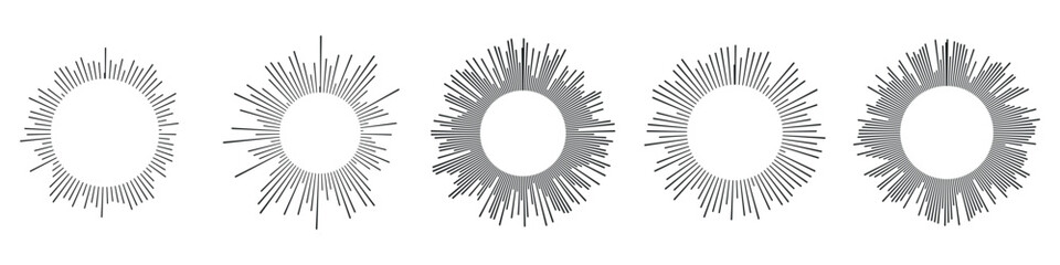 Sound waves in circular forms, linked with audio music, round voice icons, logos for equalizers, radial spectrums, rings in patterns. Flat vector illustrations isolated on white background.