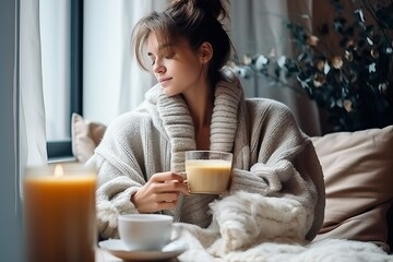 Woman enjoying cup of coffee in cozy cafe.