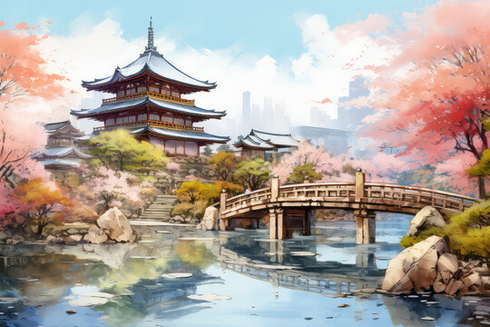 illustration painting of Castle with beautiful cherry blossom in spring season in Japan (ai generated)