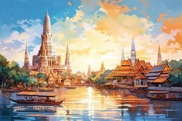Naklejka premium oil painting on canvas, Wat Arun Temple at sunset landmark of Bangkok, Thailand (ai generated)