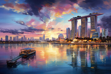oil painting on canvas, Singapore cityscape at dusk. Landscape of Singapore business building around Marina bay. Modern high building in business district area at twilight. (ai generated) - obrazy, fototapety, plakaty