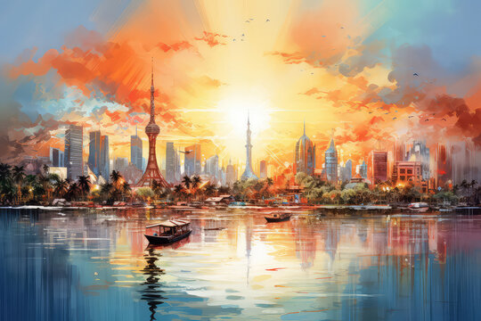 oil painting on canvas, Jakarta downtown skyline with high-rise buildings at sunset (ai generated)