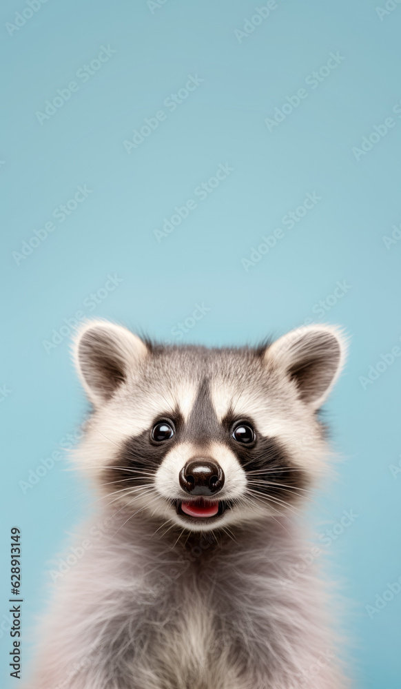 Wall mural Cute racoon with happy positive smiling expression. Copy space above. Generative AI