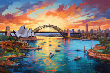 Fototapeta premium oil painting on canvas, Pinkish colourful sunrise over Sydney city CBD on waterfront of Harbour around Circular quay with major architectural landmarks and symbols of Australia. (ai generated)