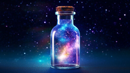 Magic bottle with mystical landscape and magic neon light, concept of magic and fairy tale