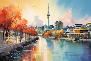 oil painting on canvas, Auckland View from Mt Eden at sunrise. New Zealand. (ai generated)