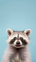 Fototapeta premium Cute racoon with happy positive smiling expression. Copy space above. Generative AI