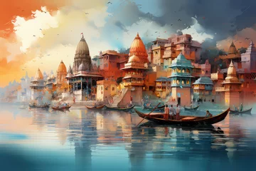 Photo sur Plexiglas Lieu de culte oil painting on canvas, Ancient Varanasi city architecture at sunset with view of sadhu baba enjoying a boat ride on river Ganges. India.(ai generated)