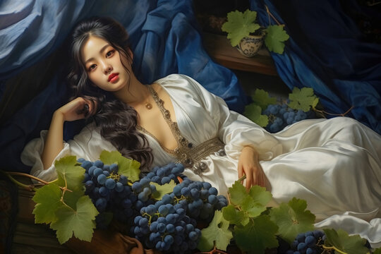 A Serene Grape Dream: Exquisite Asian Girl in White Silky Dress Resting Gracefully on a Luxurious Bed of Luscious Grapes. Generative AI
