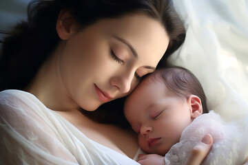 Fototapeta na wymiar mother holding a baby in her arms sleeping with care Generative AI