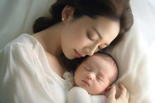 mother holding a baby sleeping peacefully in her arms with Care Generative AI