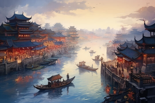 oil painting on canvas, Xitang ancient town , Xitang is first batch of Chinese historical and cultural town, located in Zhejiang Province, China. (ai generated)