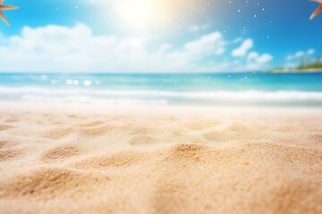 Fototapeta na wymiar white sand with sun ray shining on a beach with blue ocean and sky Generative AI