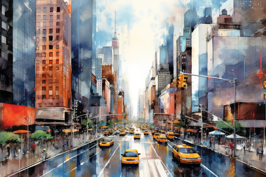 oil painting on canvas, Yellow Taxi in Manhattan, New York City in USA sunset. (ai generated)