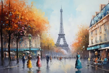 Foto op Canvas oil painting on canvas, street view of Paris. Artwork. eiffel tower . people on street. Tree. France (ai generated) © ImagineDesign