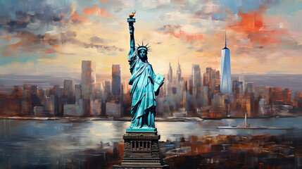 oil painting on canvas, The Statue of Liberty with One World Trade Center background, Landmarks of New York City, USA. (ai generated) - obrazy, fototapety, plakaty