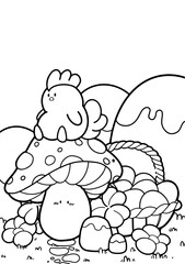 A chicken sat on a musroom in the cottage with its eggs - llustration for kids books, coloring book, gift card - Kawaii style