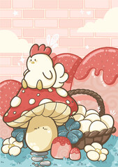 A chicken sat on a musroom in the cottage with its eggs - Illustration for kids books, gift card - Kawaii style