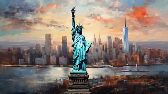 oil painting on canvas, The Statue of Liberty with One World Trade Center background, Landmarks of New York City, USA. (ai generated)