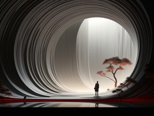 Abstract minimalistic interior black and white tunnel and silhouette of a man in it. AI