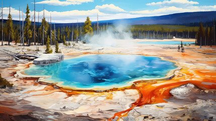 oil painting on canvas, Grand Prismatic Spring in Yellowstone National Park. USA. (ai generated) - obrazy, fototapety, plakaty