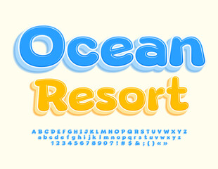 Vector travel poster Ocean Resort. Cute Bright Font. Blue 3D Alphabet Letters and Numbers set