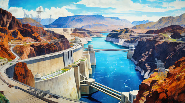 oil painting on canvas, View of the Hoover Dam in Nevada, USA. (ai generated)