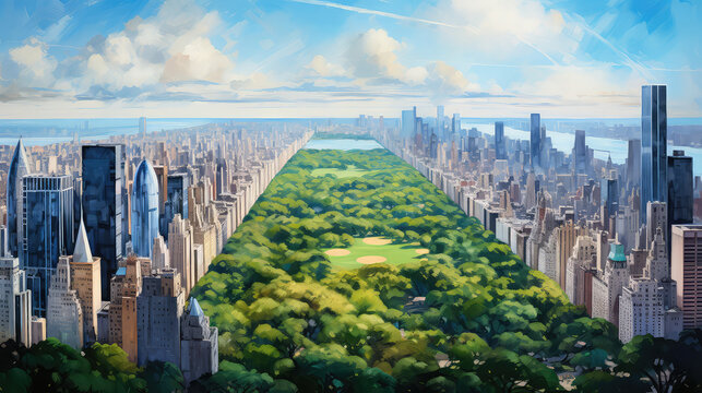 oil painting on canvas, Aerial view of the Central park in New York with golf fields and tall skyscrapers surrounding the park. USA. (ai generated)
