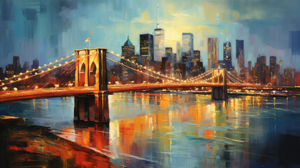 oil painting on canvas, New York City - beautiful sunset over manhattan with manhattan and brooklyn bridge, USA. (ai generated) - obrazy, fototapety, plakaty