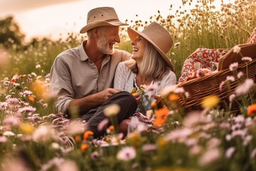 Couple enjoying romantic picnic in flower field