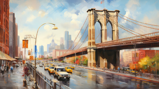 oil painting on canvas, New York City - beautiful bridge manhattan with manhattan and brooklyn bridge, USA. (ai generated)