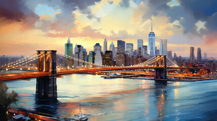 oil painting on canvas, New York City - beautiful sunset over manhattan with manhattan and brooklyn bridge, USA. (ai generated) - obrazy, fototapety, plakaty