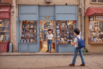 Two boys walking in front of a shop window with books and souvenirs