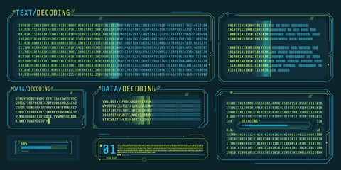 Data entry and text decoding on futuristic interface screen.