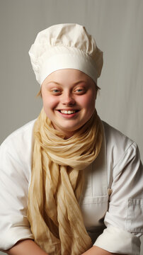 A portrait of a young woman with Down syndrome who is a cook on white background. Generated Ai