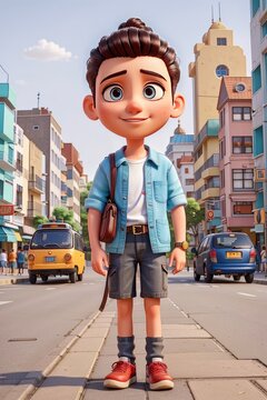 Little boy with a backpack on the streets of the city. Travel concept.
