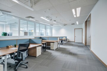 Interior of a modern office with blue walls and wooden floor. Nobody inside