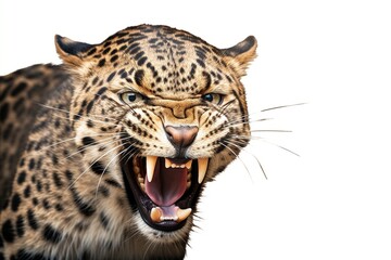 Aggressive roaring leopard isolated on white background