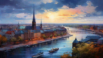 Fototapeta na wymiar oil painting on canvas, Hamburg City at sunset. Germany. (ai generated)