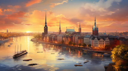 oil painting on canvas, Hamburg City at sunset. Germany. (ai generated)