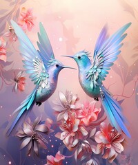 Fototapeta premium Beautiful Pastel Floral Hummingbird
