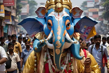 Hindu devotees carrying Hindu God Ganesha during Ganesh Chaturthi festival.