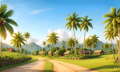 Fototapeta na wymiar Spring landscape morning in village with green meadow on hills, orang and blue sky, Spring panorama view forest, wild flowers and sunset. Illustration style. coconut plantation with wooden house.