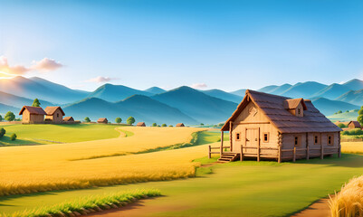 Spring landscape morning in village with green meadow on hills, orang and blue sky, Spring panorama view forest, wild flowers and sunset. Illustration style. Barley field with wooden house.