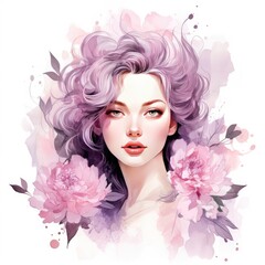 A delicate watercolor floral portrait of a young woman in soft pinks and purples generative AI