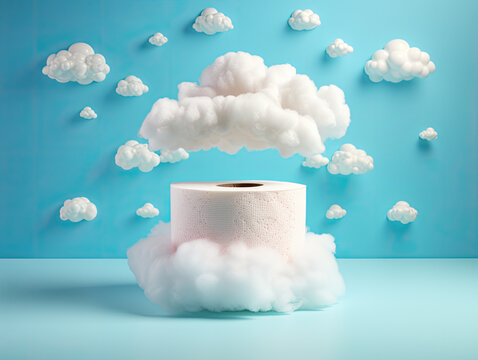 Toilet paper with clean design, pastel colors, blue. Floating in the air, flat background, studio lighting, cloud design in the center of it. Generative AI
