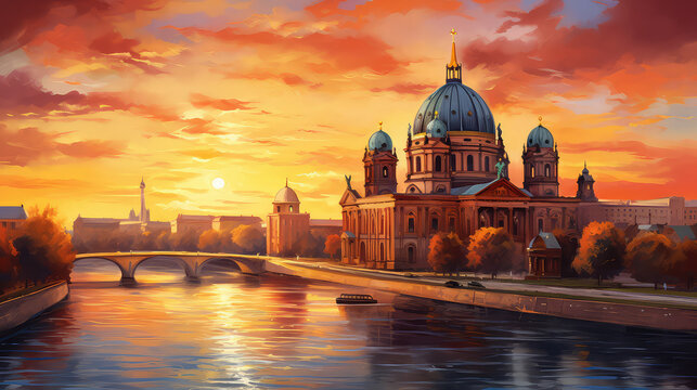 oil painting on canvas, Dresden, Germany. Sunrise over Frauenkirche in the city of Dresda, historical Saxony in Europe. (ai generated)
