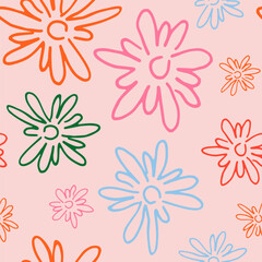 Fototapeta na wymiar Flowers floral seamless patterns. Doodle style on pink . Botanical collage trendy style. Summer meadow flowers bundle.1970 Daisy Flowers,. Hand Drawn Vector, Groovy . Hippie Print for Textile.