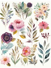 Set of watercolor illustration with amazing flowers and leaves, Generative AI
